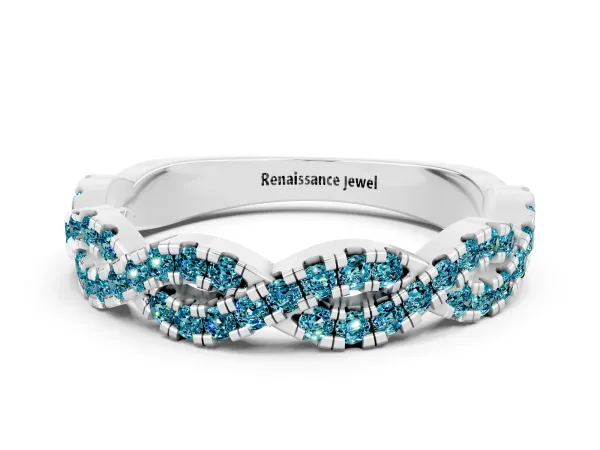 Round Blue Topaz Twisted Eternity Band with Pavé and Shared Prong Setting Platinum