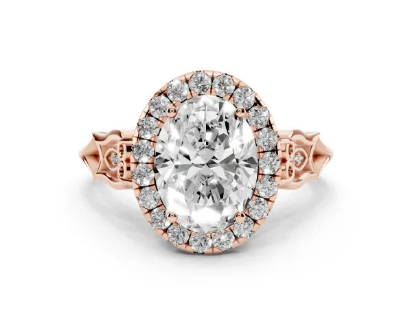 Oval Cut Halo Diamond Engagement Ring with Filigree Band and Four-Prong Setting Rose gold