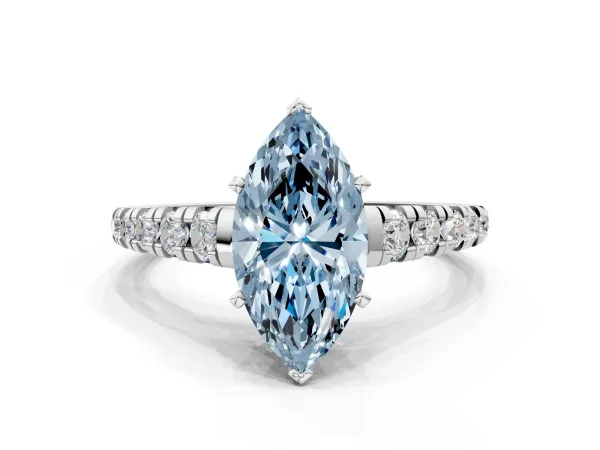 Fancy Blue Marquise Cut Diamond Cathedral Solitaire Ring with Round Pavé Band White gold