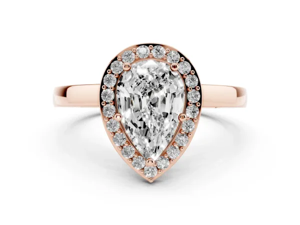 Pear Cut Halo Diamond Ring with Solitaire Band and Prong Setting Rose gold
