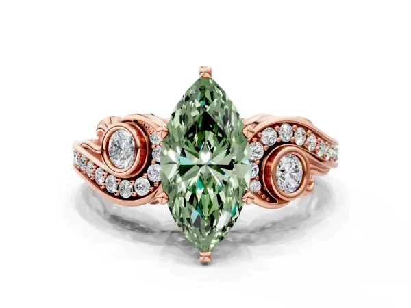 Fancy Green Marquise Cut Diamond Solitaire Ring with Milgrain Pavé Band and Four-Prong Setting Rose gold