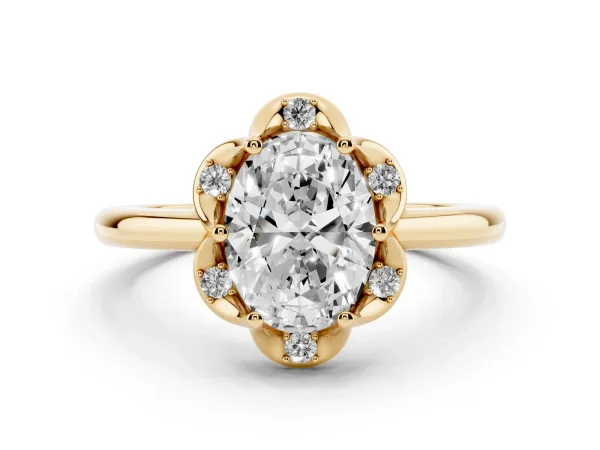 Oval Cut Halo Diamond Ring with Round Cluster Setting, Solitaire Band, and Four-Prong Setting Yellow gold