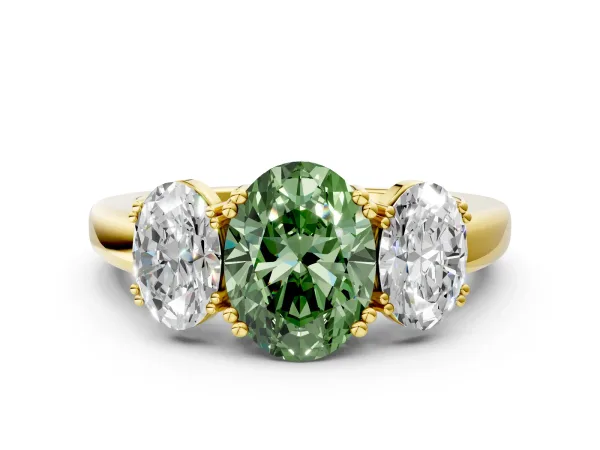 Fancy Green Three-Stone Oval Cut Cut Diamond Ring with Channel Set Band and Four-Prong Setting Yellow gold