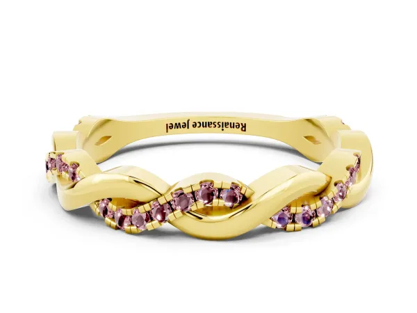 Round Morganite Twist Eternity Band with Pavé Setting Yellow gold