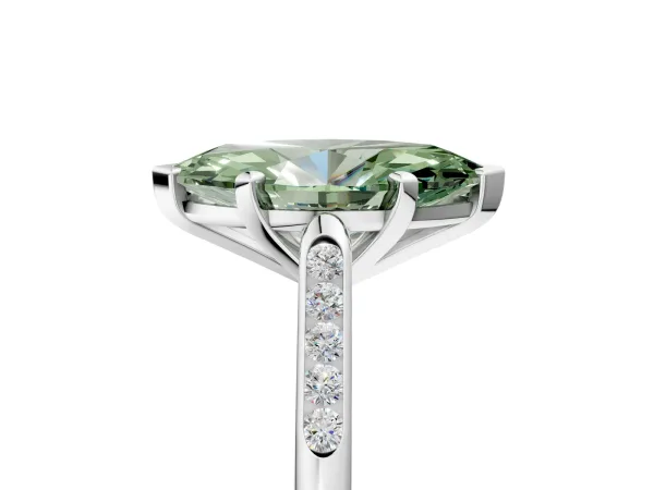 Fancy Green Marquise Cut Diamond Solitaire Ring with Channel Set Round Band and Prong Setting White gold