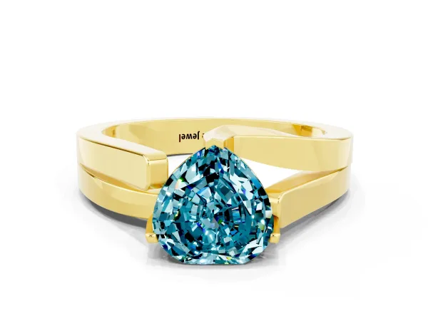 Modern Tension Set Heart Cut Blue Topaz Solitaire Wide Band Ring Yellow gold