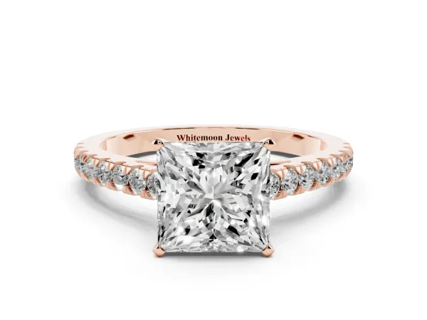 Princess Cut Cut Solitaire Diamond Ring with Pave Band and Four-Prong Setting Rose gold