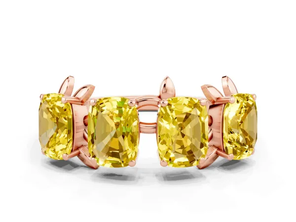 Four-Stone Elongated Cushion Yellow Sapphire Band with Nature-Inspired Prong Setting Rose gold