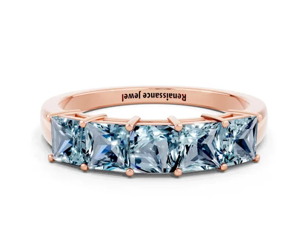 Princess Cut Five-Stone Aquamarine Band with Prong Setting Rose gold