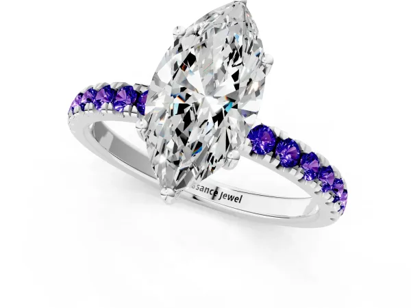 Marquise Cut Diamond Pave Band Solitaire Ring with Round Tanzanite and Prong Setting White gold