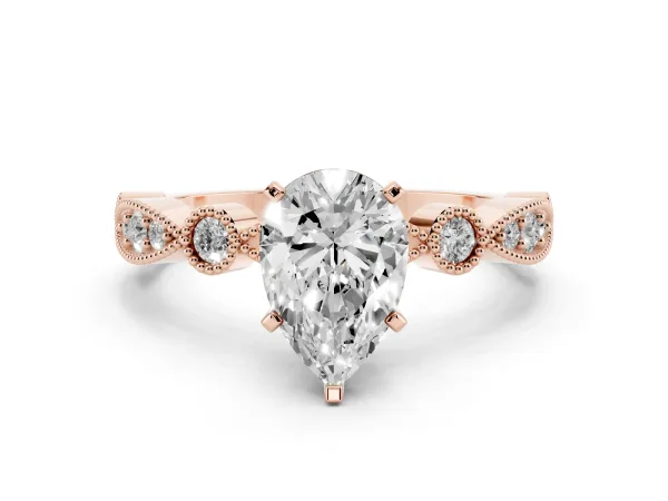 Pear Cut Milgrain Bezel Diamond Engagement Ring with Solitaire Prong Setting Rose gold