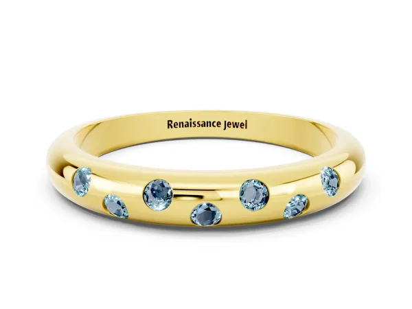 Round Aquamarine Flush-Set Comfort Fit Band Yellow gold