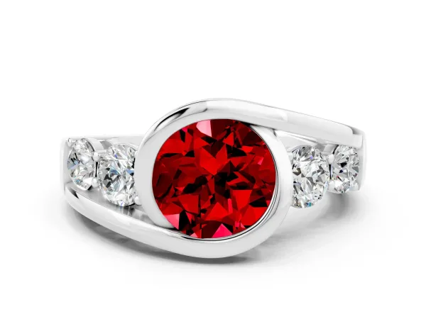 Bezel Set Round Cut Ruby Bypass Ring with Round Accents Platinum