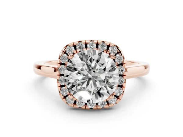 Round Cut Halo Round Diamond Solitaire Ring with Pavé Band and Four-Prong Setting Rose gold