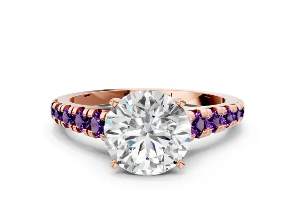 Round Cut Diamond Cathedral Solitaire Ring with Round Amethyst Pavé Band Rose gold