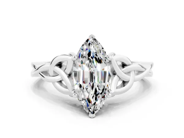 Marquise Cut Moissanite Solitaire Celtic Knot Ring with Four-Prong Setting White gold