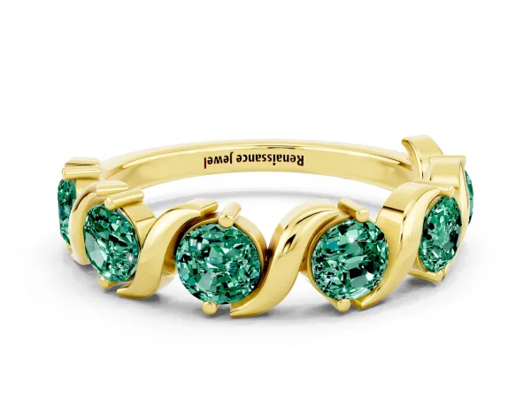 Six-Stone Round Green Sapphire Wave Band with Shared Prong Setting Yellow gold