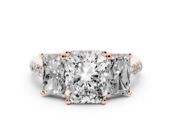 Three-Stone Radiant Cut Diamond Ring with Round Pavé Band and Prong Setting Rose gold