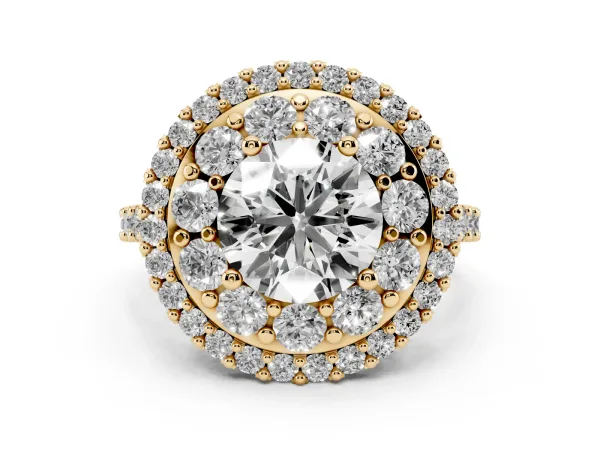 Double Halo Round Cut Diamond Pave Split Shank Prong Setting Ring Yellow gold