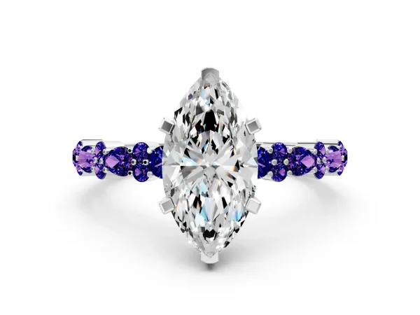 Marquise Cut Diamond Side Stone Solitaire Ring with Round Tanzanite and Four-Prong Setting White gold