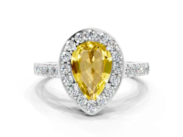 Pear Cut Yellow Sapphire Halo Ring with Round Pavé Split Shank and Prong Setting Platinum