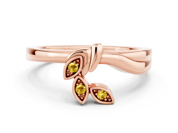 Three-Stone Round Yellow Sapphire Leaf Bypass Ring with Bezel Setting Rose gold