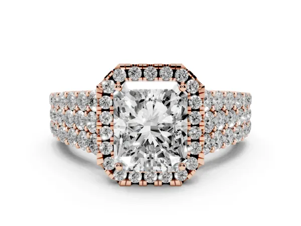 Radiant Cut Diamond Halo Engagement Ring with Triple Row Round Pavé Band and Prong Setting Rose gold