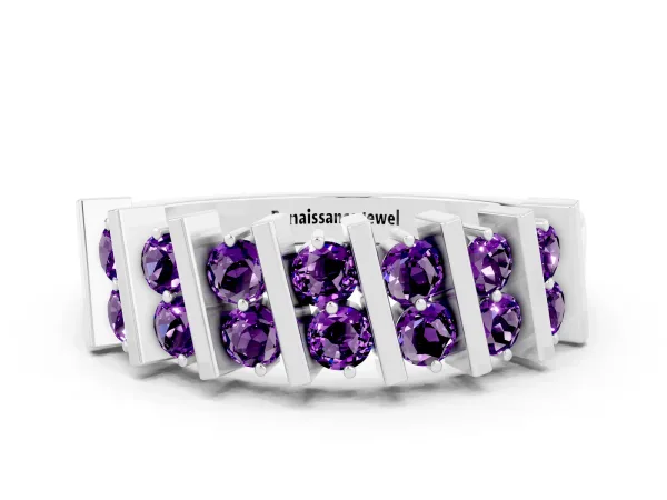 Channel Set Round Amethyst Anniversary Band with Vertical Prongs Platinum