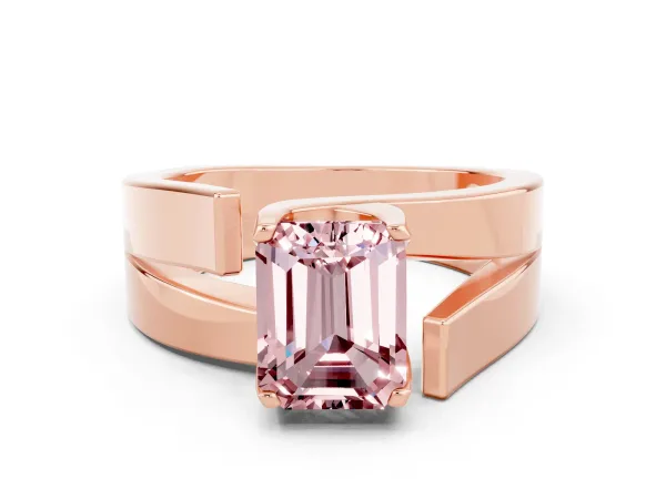 Modern Tension Set Emerald Cut Morganite Solitaire Wide Band Ring Rose gold
