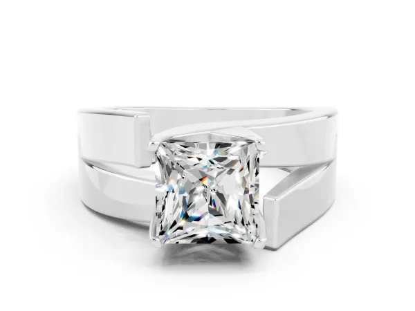 Modern Tension Set Princess Cut Moissanite Solitaire Wide Band Ring Platinum