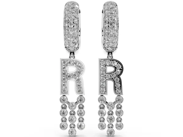 Round Diamond Initial R Huggie Hoop Earrings Platinum