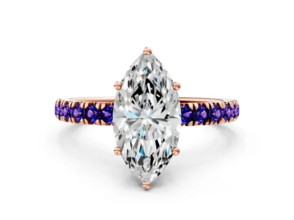Marquise Cut Diamond Pave Band Solitaire Ring with Round Tanzanite and Prong Setting Rose gold