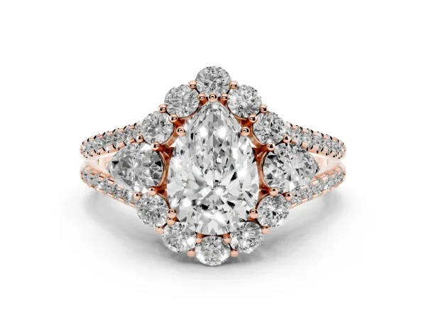 Pear Cut Halo Split Shank Diamond Engagement Ring with Prong Setting Rose gold