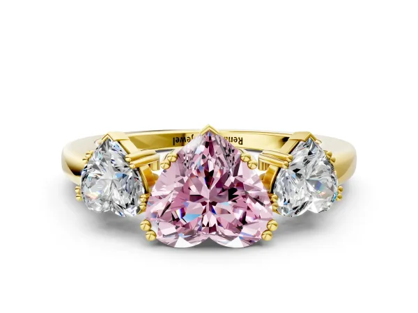 Fancy Pink Three-Stone Heart Cut Cut Diamond Ring with Channel Set Band and Four-Prong Setting Yellow gold