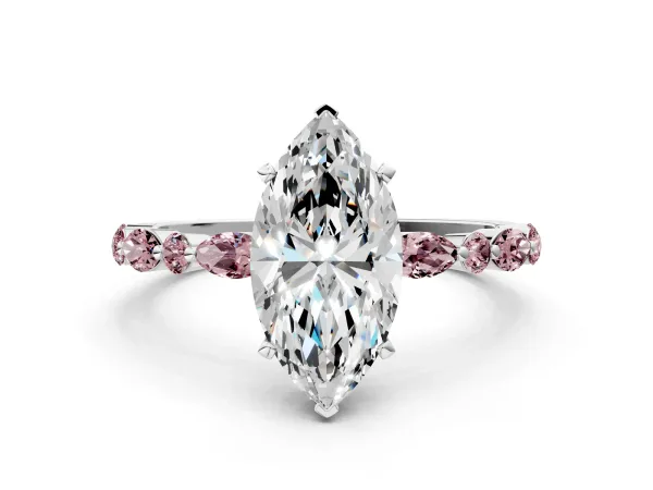 Marquise Cut Diamond Ring with Marquise and Round Morganite Side Stones and Four-Prong Setting White gold