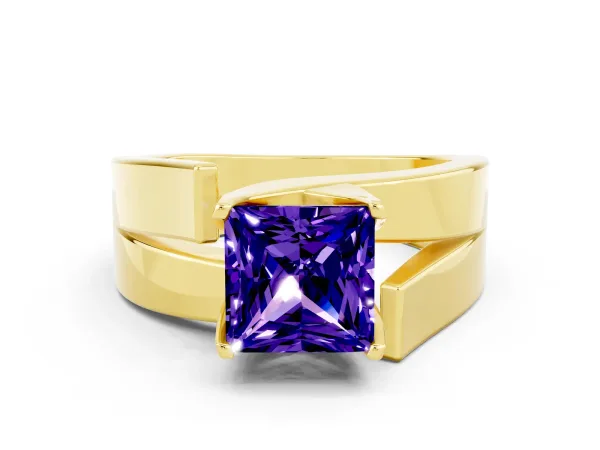 Modern Tension Set Princess Cut Tanzanite Solitaire Wide Band Ring Yellow gold
