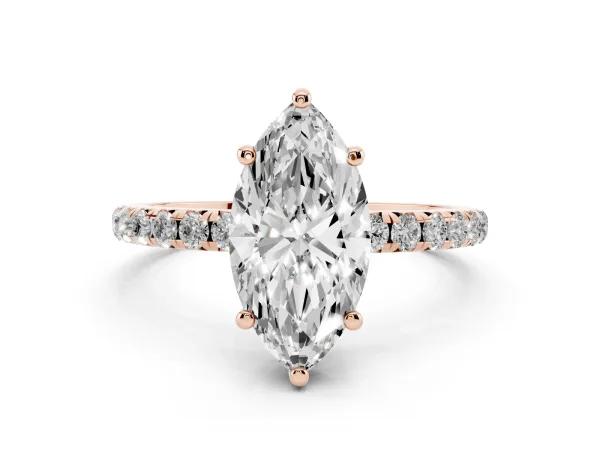 Marquise Cut Cut Diamond Solitaire Ring with Micro Pave Band and Four Prong Setting Rose gold