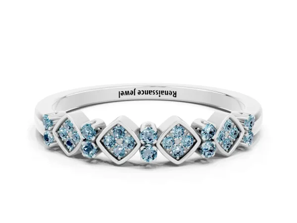 Pavé Cushion Aquamarine Cluster Eternity Band with Prong Setting Platinum