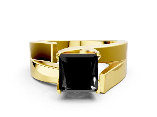 Fancy Black Modern Tension Set Princess Cut Diamond Solitaire Wide Band Ring Yellow gold