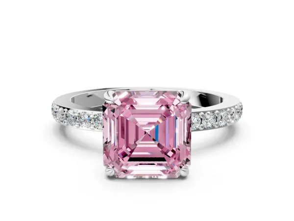 Fancy Pink Asscher Cut Diamond Solitaire Engagement Ring with Pavé Band and Four-Prong Setting Platinum