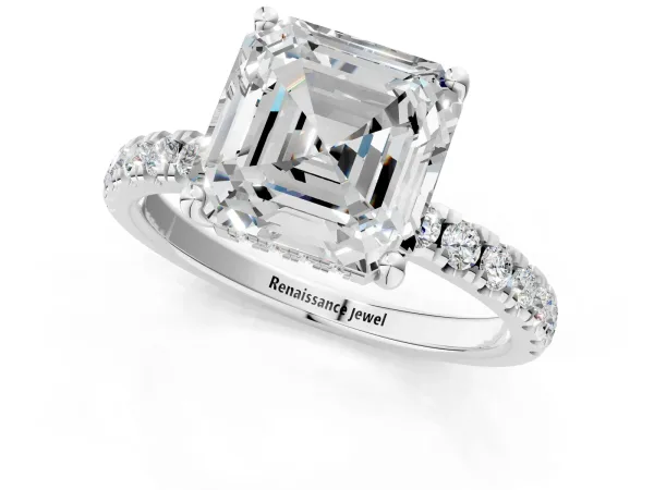 Asscher Cut Diamond Pave Band Solitaire Ring with Round Moissanite and Prong Setting Platinum