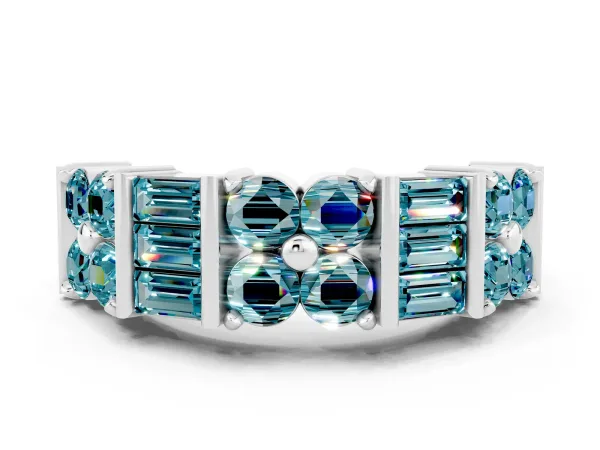 Channel Set Round and Baguette Blue Topaz Anniversary Band with Prong Setting Platinum