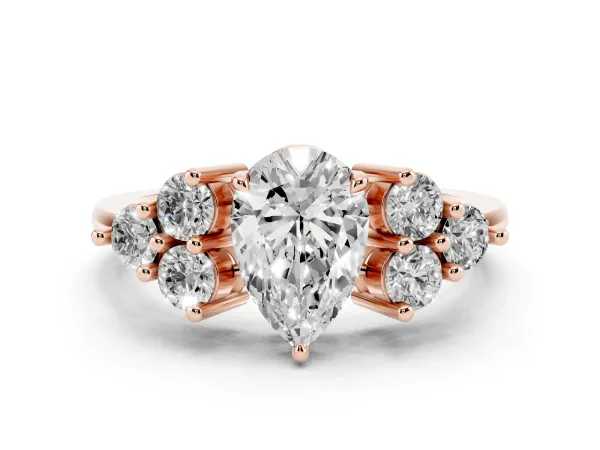 Pear Cut Brilliant Diamond Cluster Accent Solitaire Ring with Prong Setting Rose gold