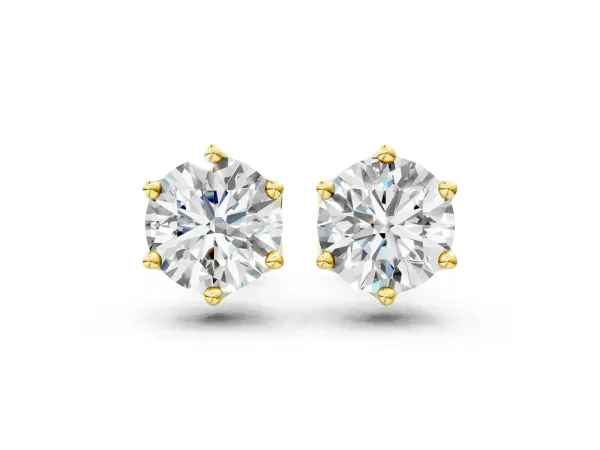 Round Diamond Six Prong Flower Petal Solitaire Stud Earrings Yellow gold