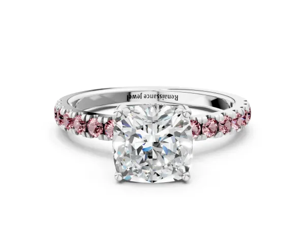 Cushion Cut Diamond Pave Band Solitaire Ring with Round Morganite and Prong Setting Platinum
