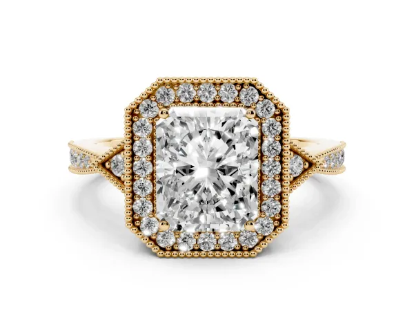 Radiant Cut Halo Round Diamond Milgrain Pave Engagement Ring Yellow gold