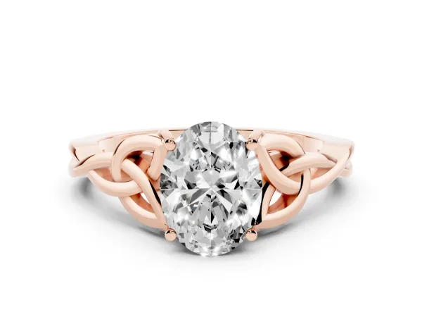 Oval Cut Diamond Solitaire Engagement Ring with Celtic Knot Band and Four-Prong Setting Rose gold