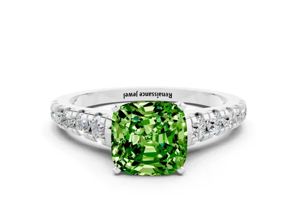 Cushion Cut Peridot Cathedral Solitaire Ring with Round Pavé Band Platinum
