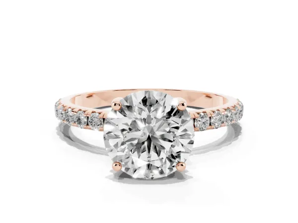 Round Cut Cut Diamond Solitaire Ring with Micro Pave Band and Four Prong Setting Rose gold
