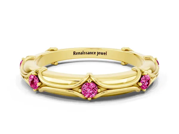 Round Pink Sapphire Prong Set Milgrain Eternity Band Yellow gold